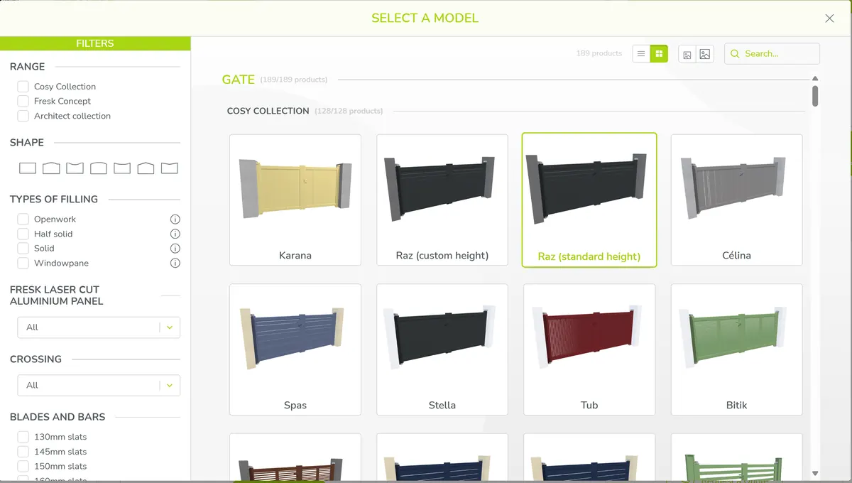 Style selection screen showing modular and full suite options